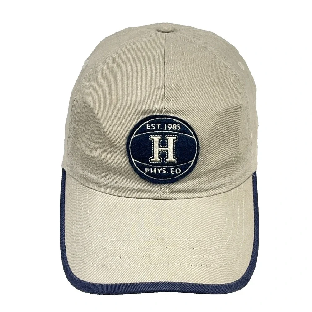 Vintage Tommy Hilfiger Hat Cap Leather Strap Back Tan Blue Spell Out Basketball